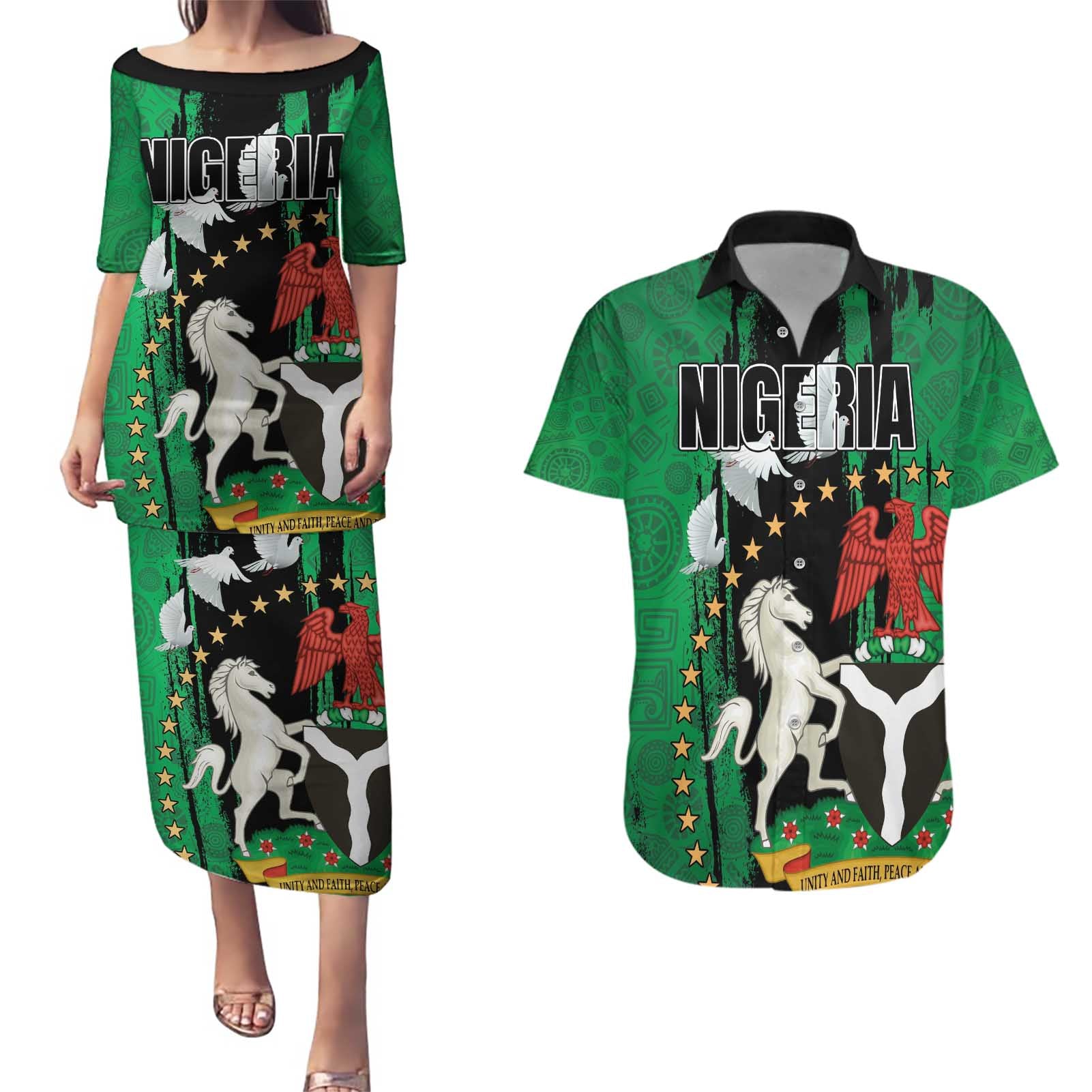 Nigeria Independence Day Couples Matching Puletasi and Hawaiian Shirt National Seal with Peace Dove African Pattern - Wonder Print Shop