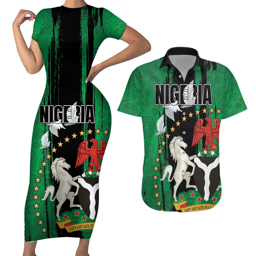 Nigeria Independence Day Couples Matching Short Sleeve Bodycon Dress and Hawaiian Shirt National Seal with Peace Dove African Pattern - Wonder Print Shop