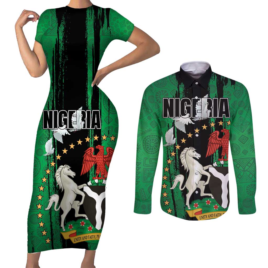 Nigeria Independence Day Couples Matching Short Sleeve Bodycon Dress and Long Sleeve Button Shirt National Seal with Peace Dove African Pattern - Wonder Print Shop