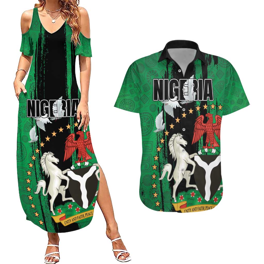 Nigeria Independence Day Couples Matching Summer Maxi Dress and Hawaiian Shirt National Seal with Peace Dove African Pattern - Wonder Print Shop