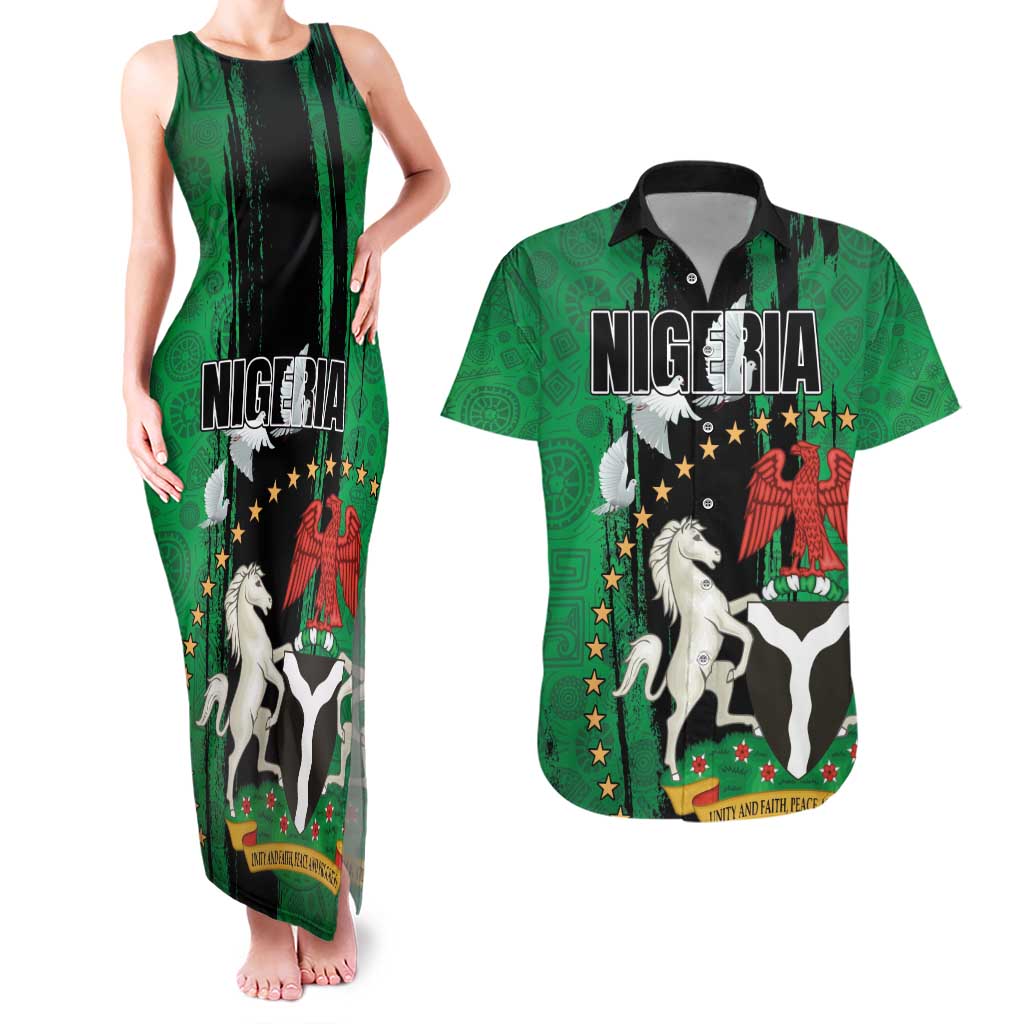 Nigeria Independence Day Couples Matching Tank Maxi Dress and Hawaiian Shirt National Seal with Peace Dove African Pattern - Wonder Print Shop