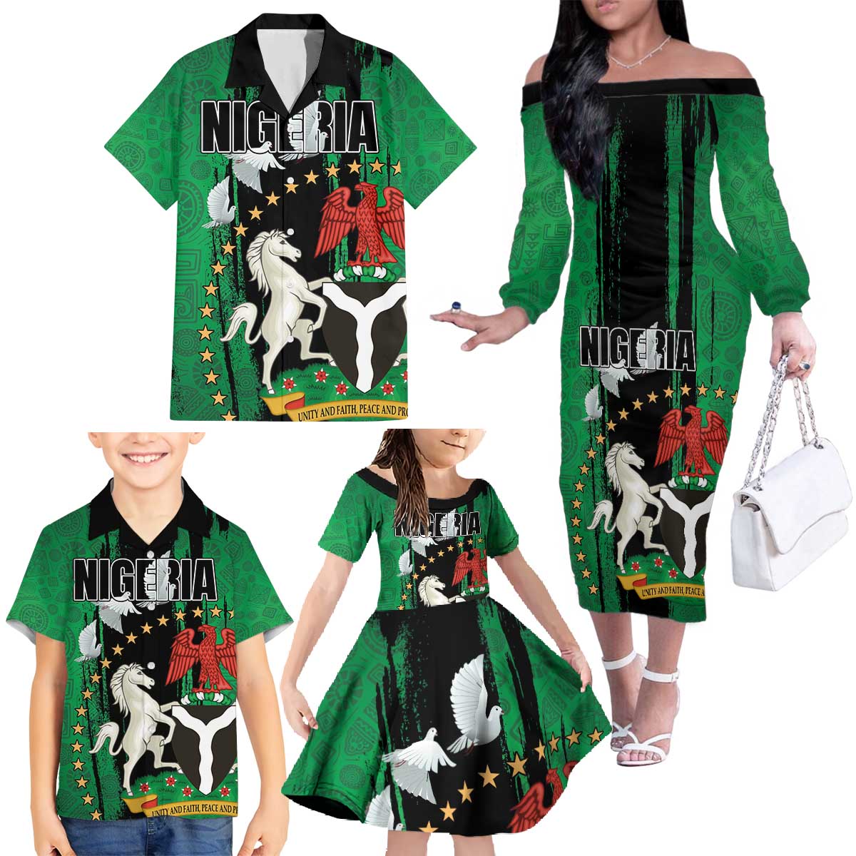 Nigeria Independence Day Family Matching Off The Shoulder Long Sleeve Dress and Hawaiian Shirt National Seal with Peace Dove African Pattern - Wonder Print Shop