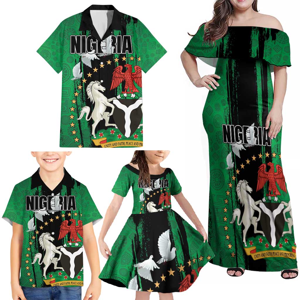 Nigeria Independence Day Family Matching Off Shoulder Maxi Dress and Hawaiian Shirt National Seal with Peace Dove African Pattern - Wonder Print Shop