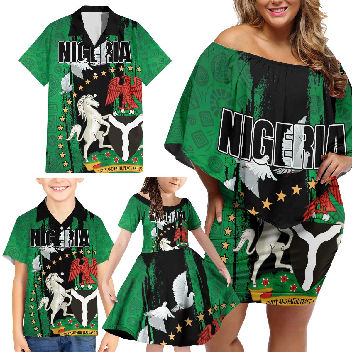 Nigeria Independence Day Family Matching Off Shoulder Short Dress and Hawaiian Shirt National Seal with Peace Dove African Pattern - Wonder Print Shop