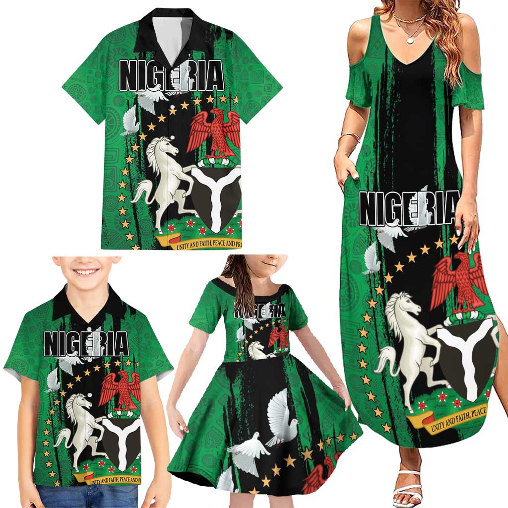 Nigeria Independence Day Family Matching Summer Maxi Dress and Hawaiian Shirt National Seal with Peace Dove African Pattern - Wonder Print Shop