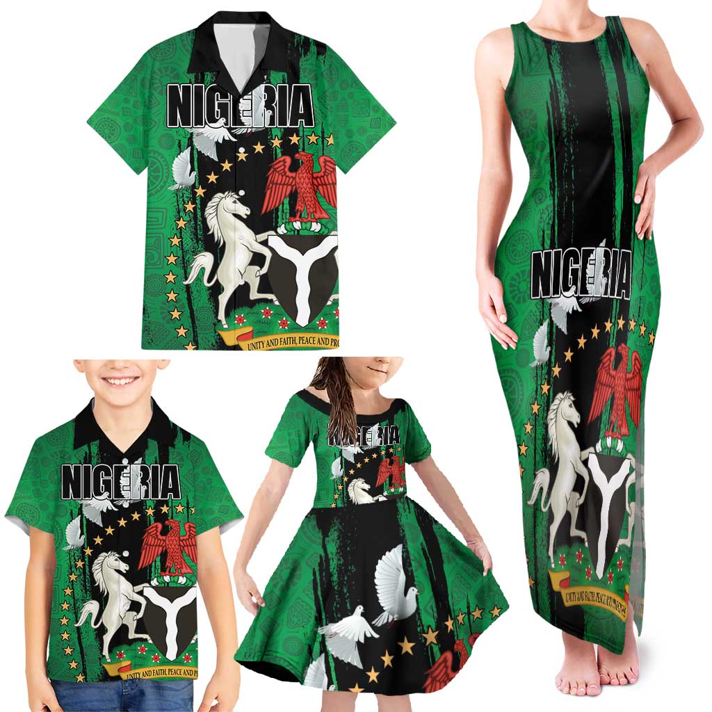 Nigeria Independence Day Family Matching Tank Maxi Dress and Hawaiian Shirt National Seal with Peace Dove African Pattern - Wonder Print Shop