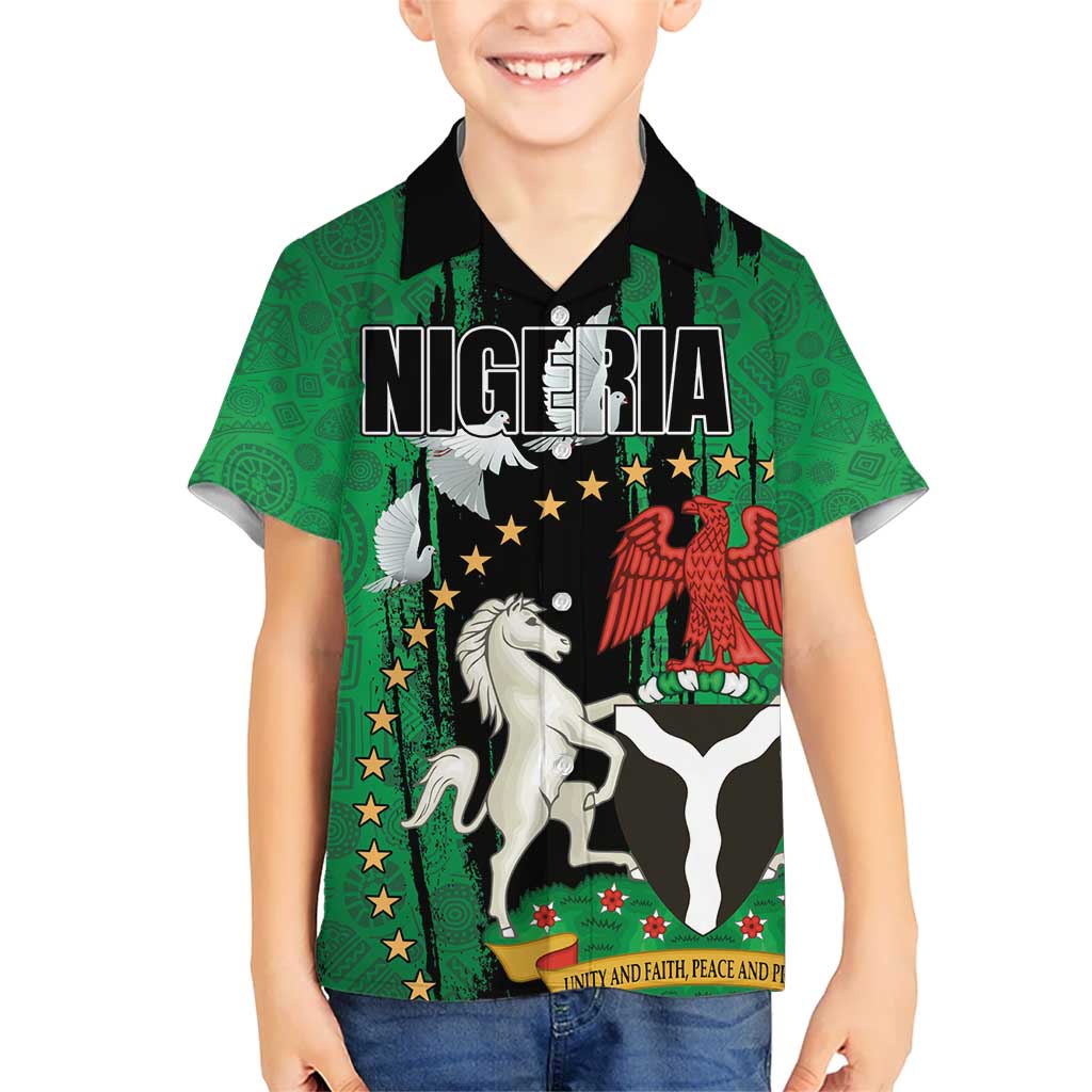 Nigeria Independence Day Kid Hawaiian Shirt National Seal with Peace Dove African Pattern - Wonder Print Shop