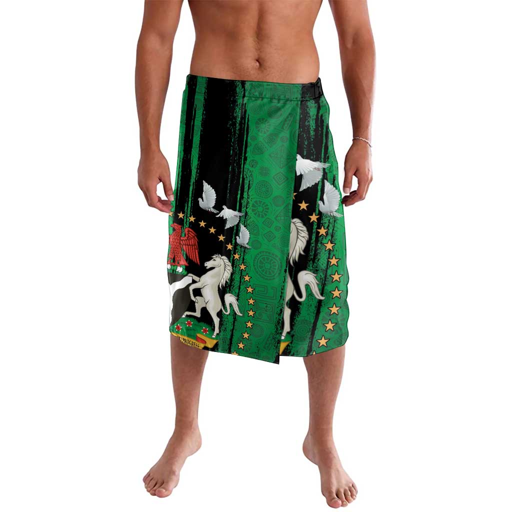 African patterned lavalava shorts in green with dove, horse and star graphics