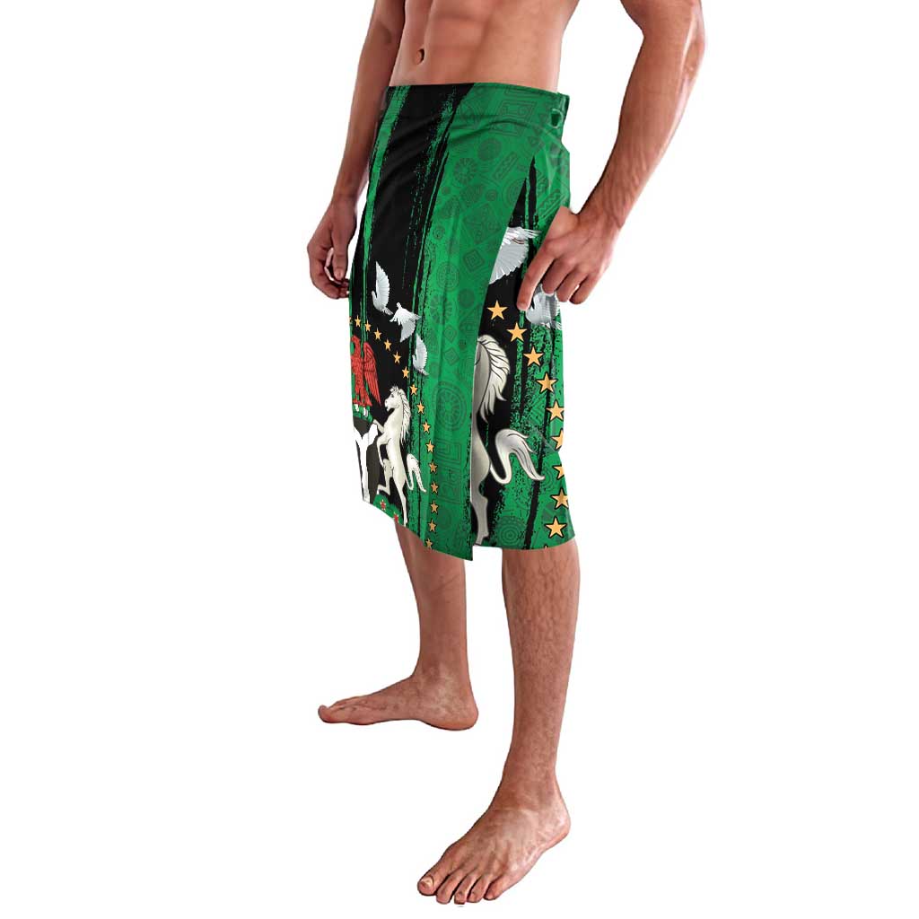African patterned lavalava shorts in green with black panel stripe and star graphics