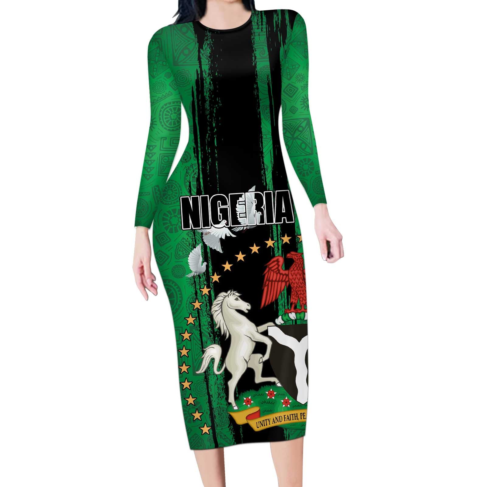 Nigeria Independence Day Long Sleeve Bodycon Dress National Seal with Peace Dove African Pattern - Wonder Print Shop