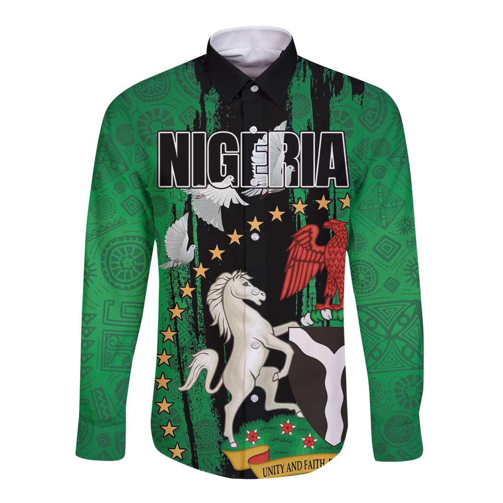 Long-sleeve button shirt with Nigeria seal and peace dove graphic, green patterned fabric