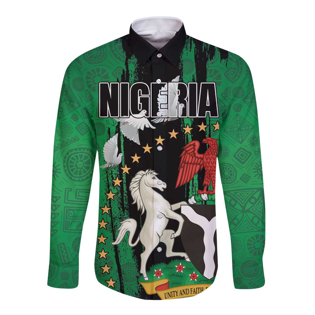 Nigeria Independence Day Long Sleeve Button Shirt National Seal with Peace Dove African Pattern - Wonder Print Shop