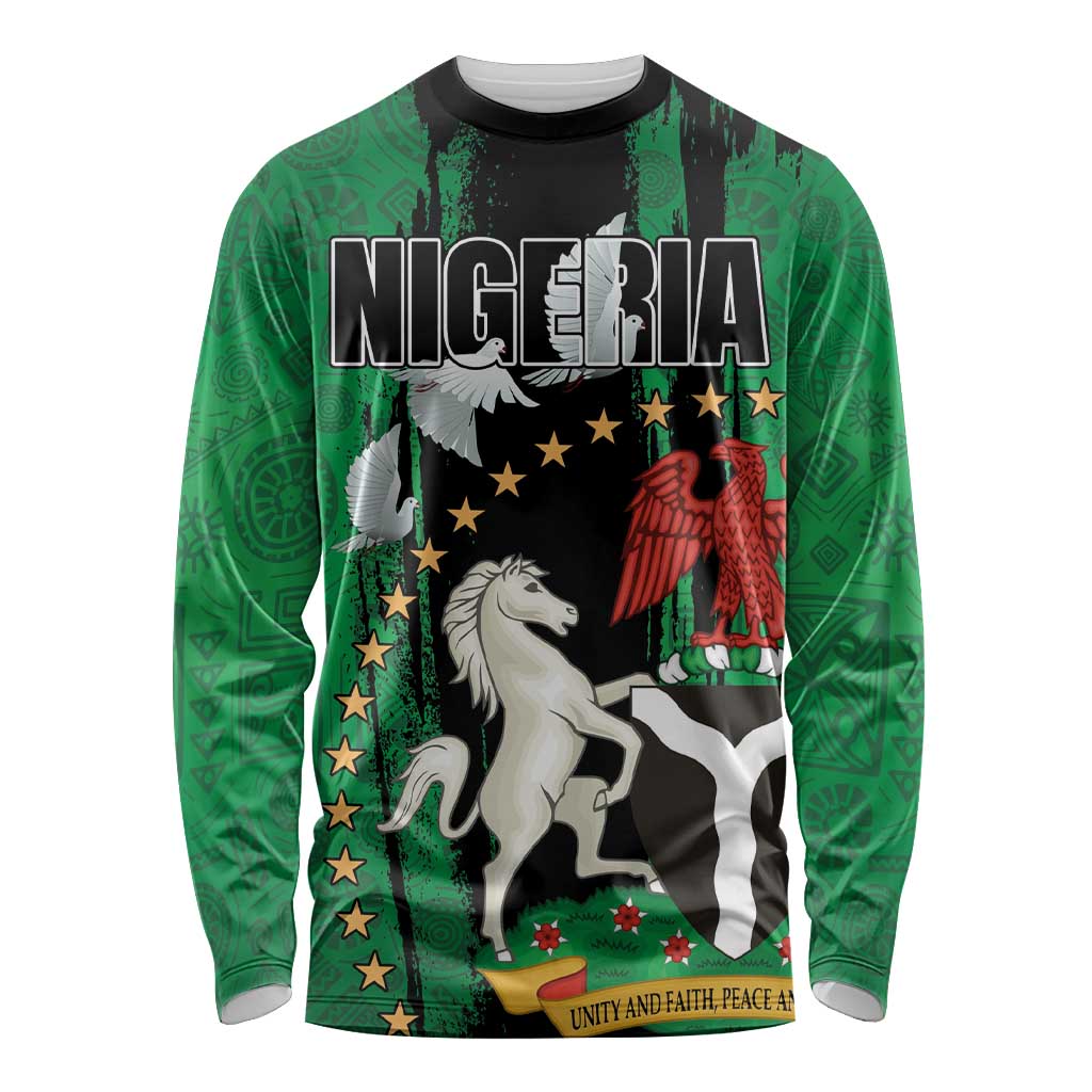 Nigeria Independence Day Long Sleeve Shirt National Seal with Peace Dove African Pattern - Wonder Print Shop