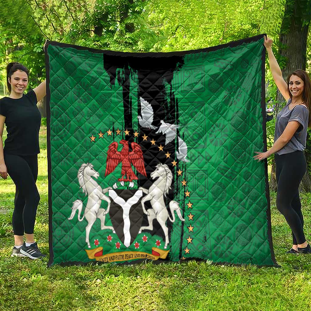 Green national seal quilt with black banner, peace dove, and horse silhouettes