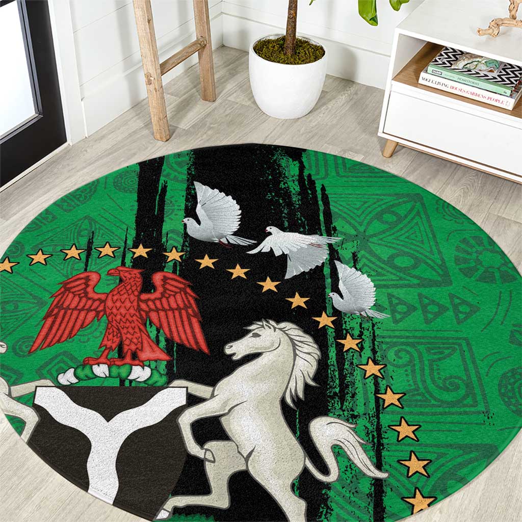 Round national seal area rug with green black field, white peace dove, horses, stars