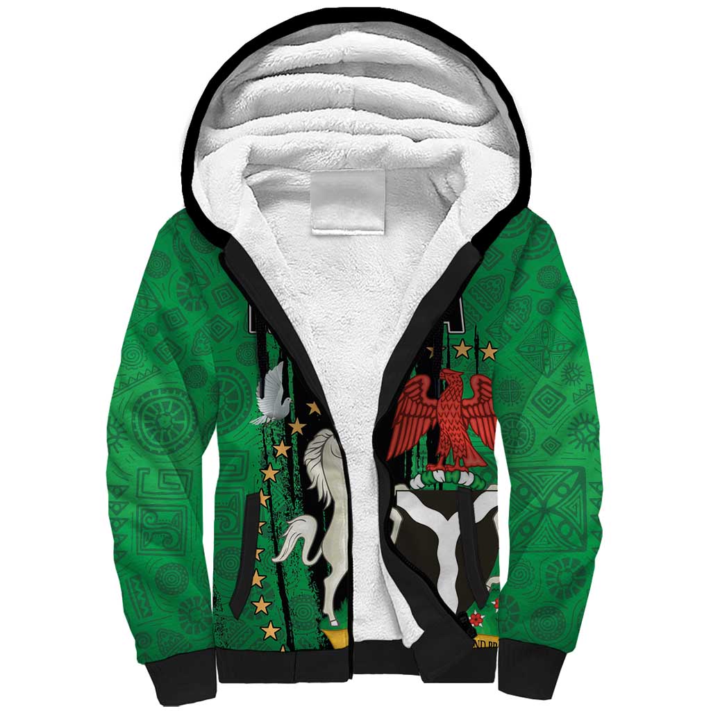 Nigeria Independence Day Sherpa Hoodie National Seal with Peace Dove African Pattern - Wonder Print Shop