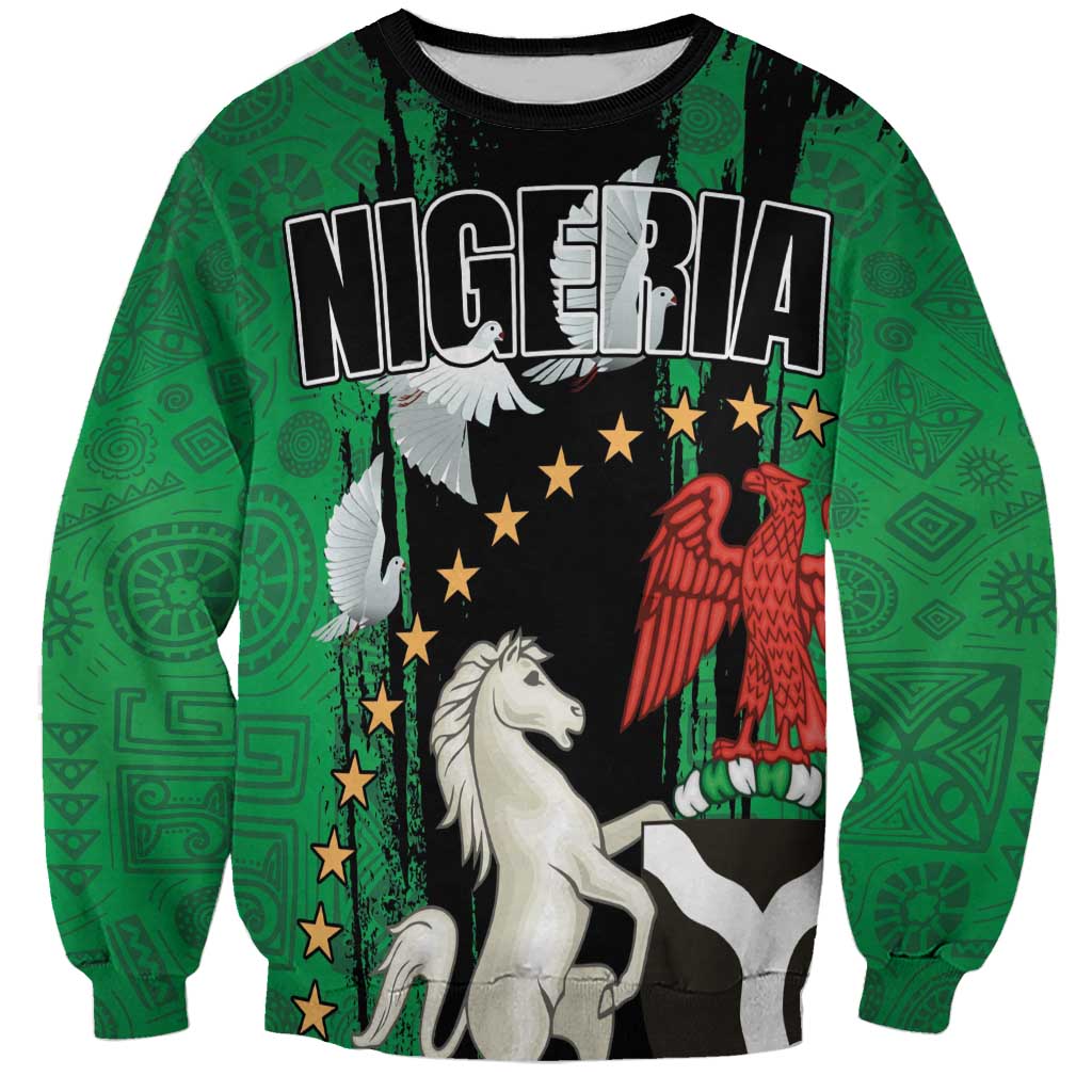 Unisex Nigeria Independence Day sweatshirt, black with green pattern and peace dove graphic