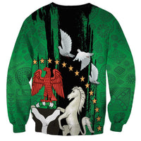 Unisex Nigeria Independence Day sweatshirt, black/green with peace doves, stars, and red emblem