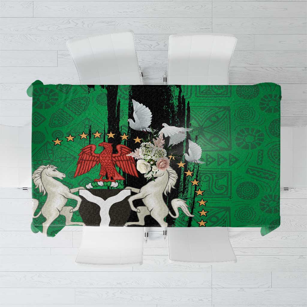 Green patterned Nigeria Independence Day tablecloth with dove and national seal panel