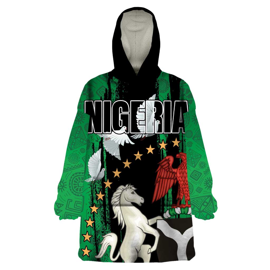 Nigeria Independence Day Wearable Blanket Hoodie National Seal with Peace Dove African Pattern - Wonder Print Shop