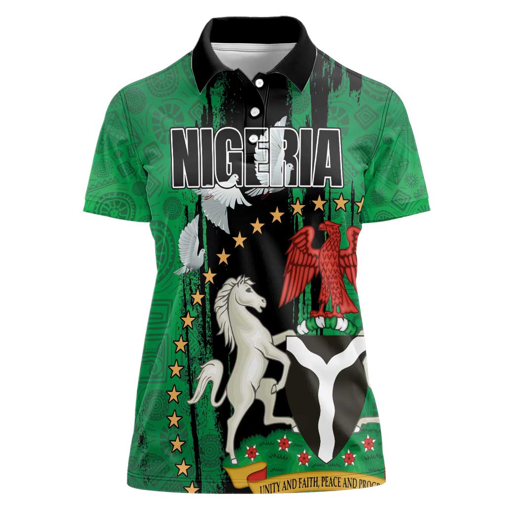 Nigeria Independence Day Women Polo Shirt National Seal with Peace Dove African Pattern - Wonder Print Shop