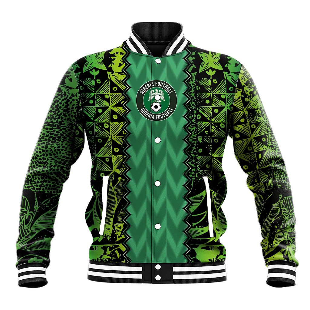 Green unisex baseball jacket with front button placket, striped collar and emblem