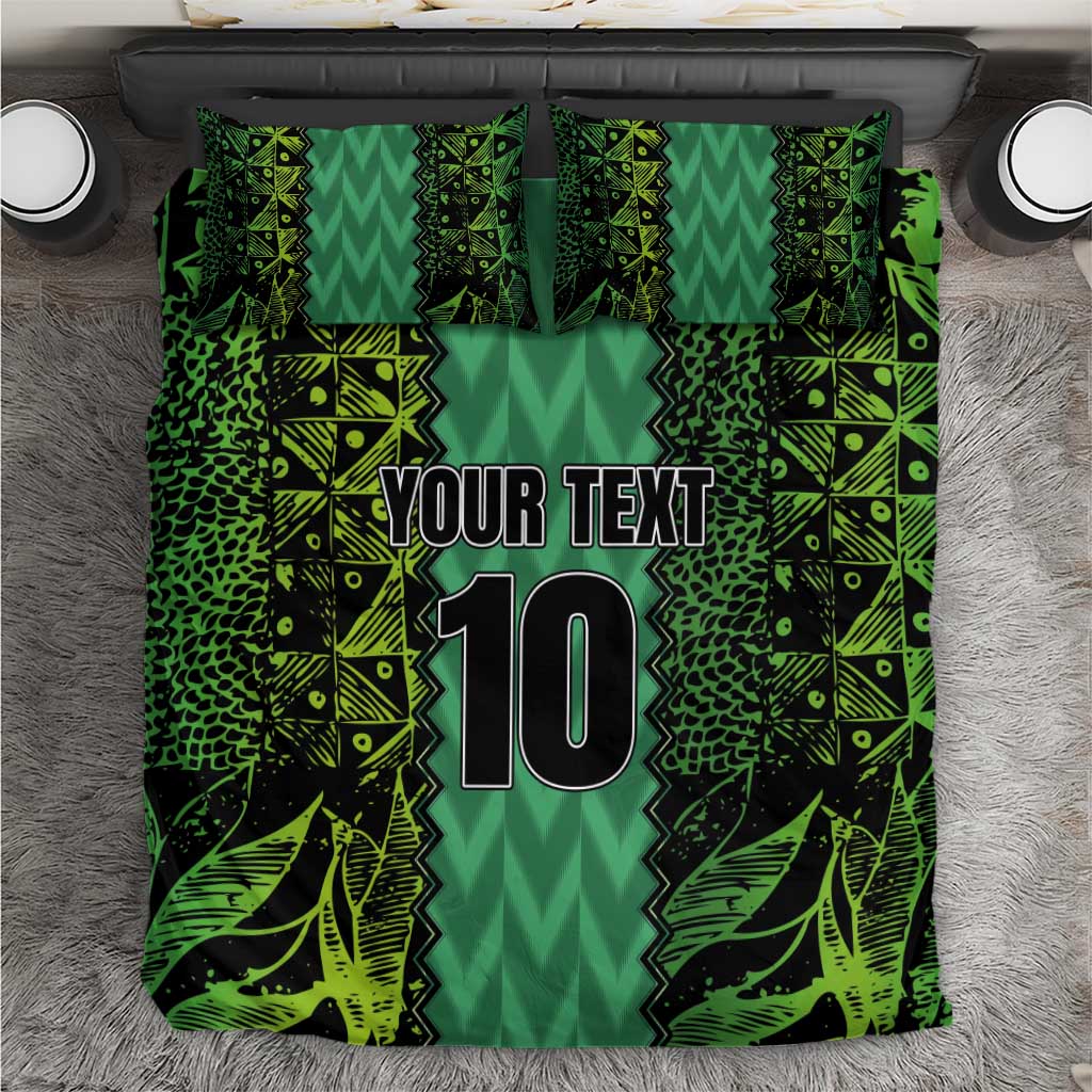 Green football-themed bedding set with 'YOUR TEXT' and number 10, plus two pillowcases
