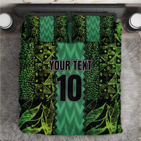 Green football-themed bedding set with 'YOUR TEXT' and number 10, plus two pillowcases