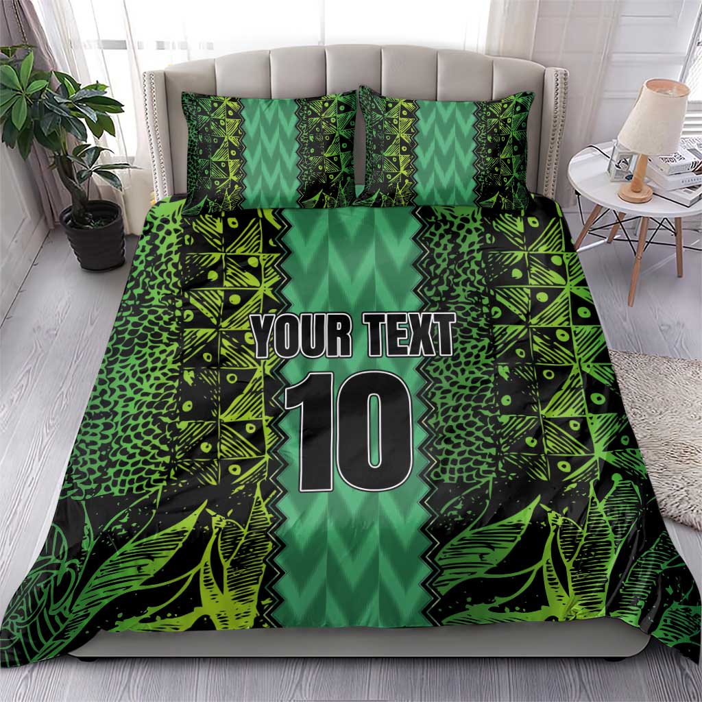 Green bedding set with bold 'YOUR TEXT' and number 10 on duvet and two matching pillowcases