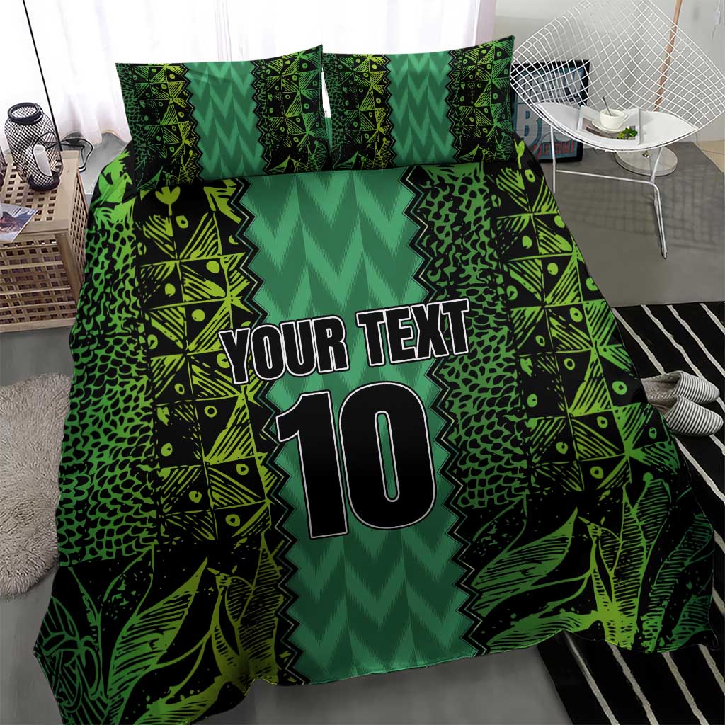 Green duvet cover with 'YOUR TEXT' and number 10, with two patterned pillowcases