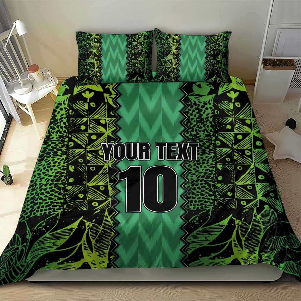 Green bedding set featuring 'YOUR TEXT' and number 10 on duvet with two pillowcases