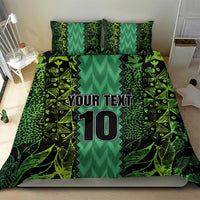 Green bedding set featuring 'YOUR TEXT' and number 10 on duvet with two pillowcases