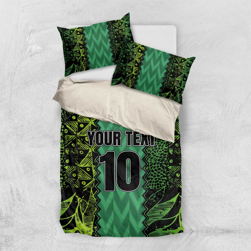Green bedding set with 'YOUR TEXT' and number 10 on duvet cover and two pillowcases