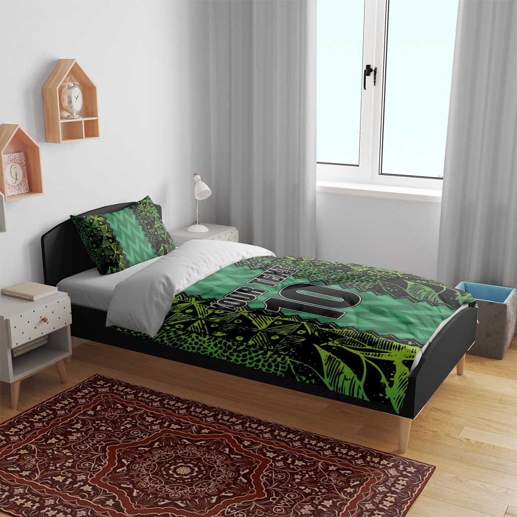 Green bedding set with 'YOUR TEXT' and number 10 on duvet, one matching pillowcase