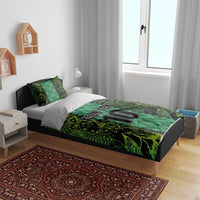 Green bedding set with 'YOUR TEXT' and number 10 on duvet, one matching pillowcase