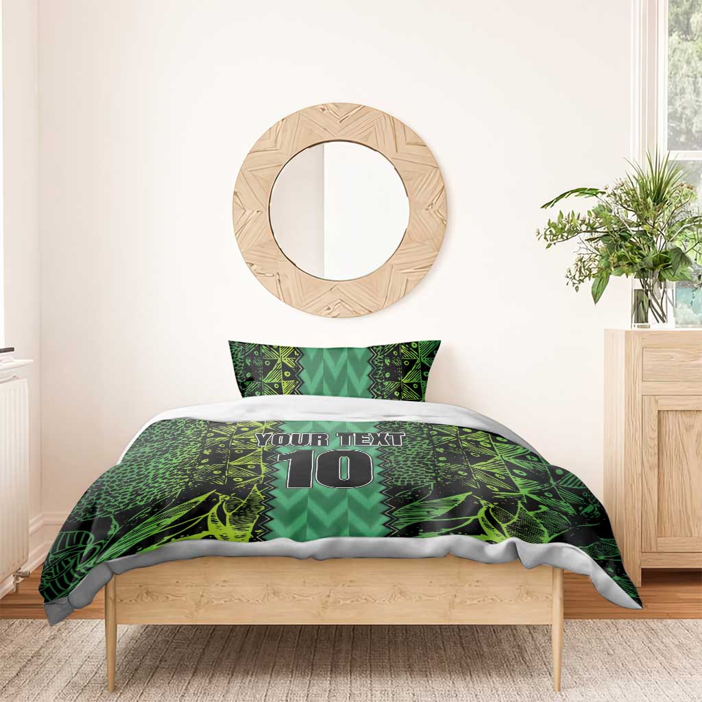 Green patterned bedding set with 'YOUR TEXT' and number 10 on duvet and one pillow