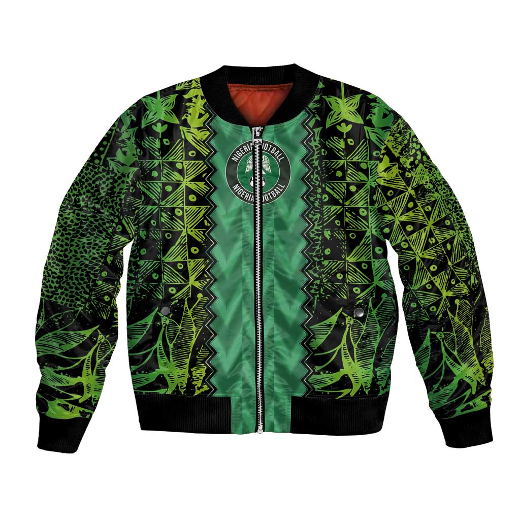 Unisex green bomber jacket with full front zipper, ribbed trim and printed pattern