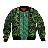 Unisex green bomber jacket with full front zipper, ribbed trim and printed pattern