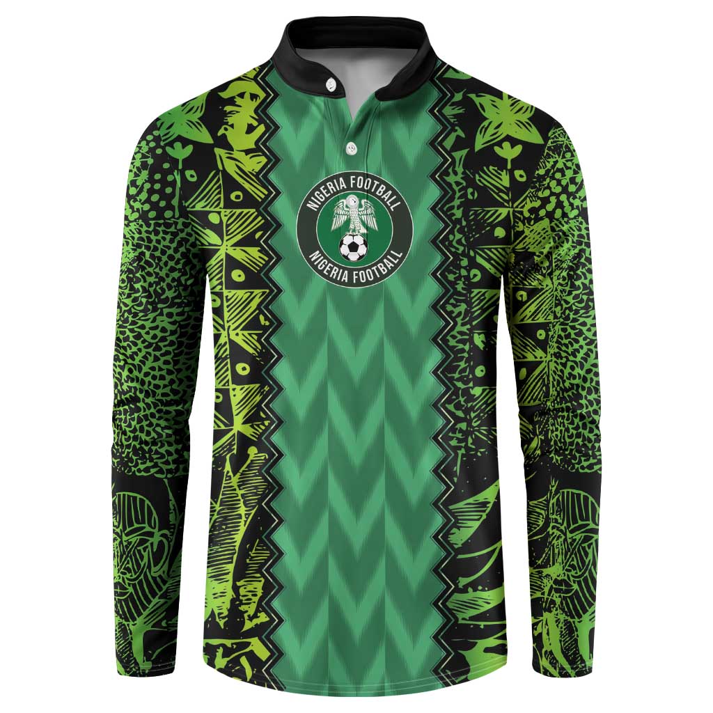 Green button-up football champion sweatshirt with Nigeria crest and graphic sleeves