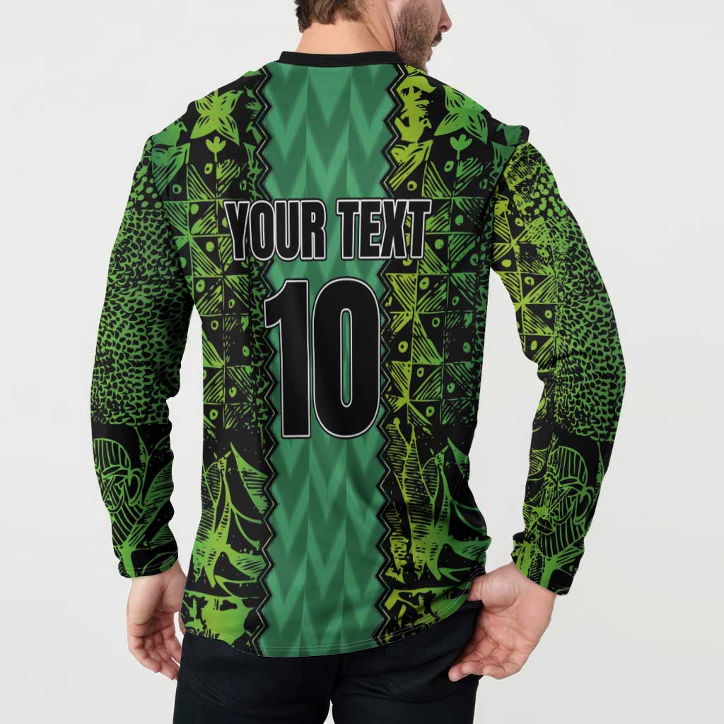 Green button-up sweatshirt with YOUR TEXT and large 10 on back, long sleeves