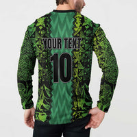 Green button-up sweatshirt with YOUR TEXT and large 10 on back, long sleeves