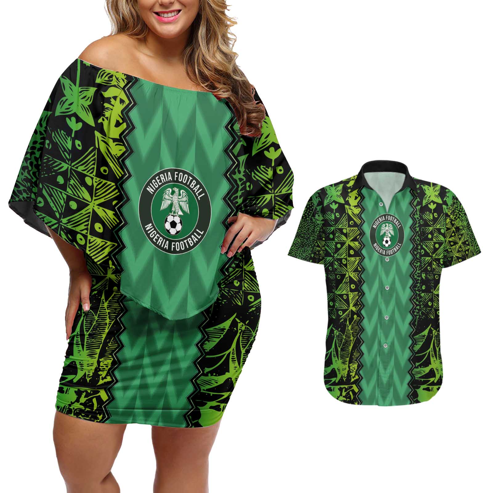 Custom Nigeria Football Champion 2024 Couples Matching Off Shoulder Short Dress and Hawaiian Shirt - Wonder Print Shop