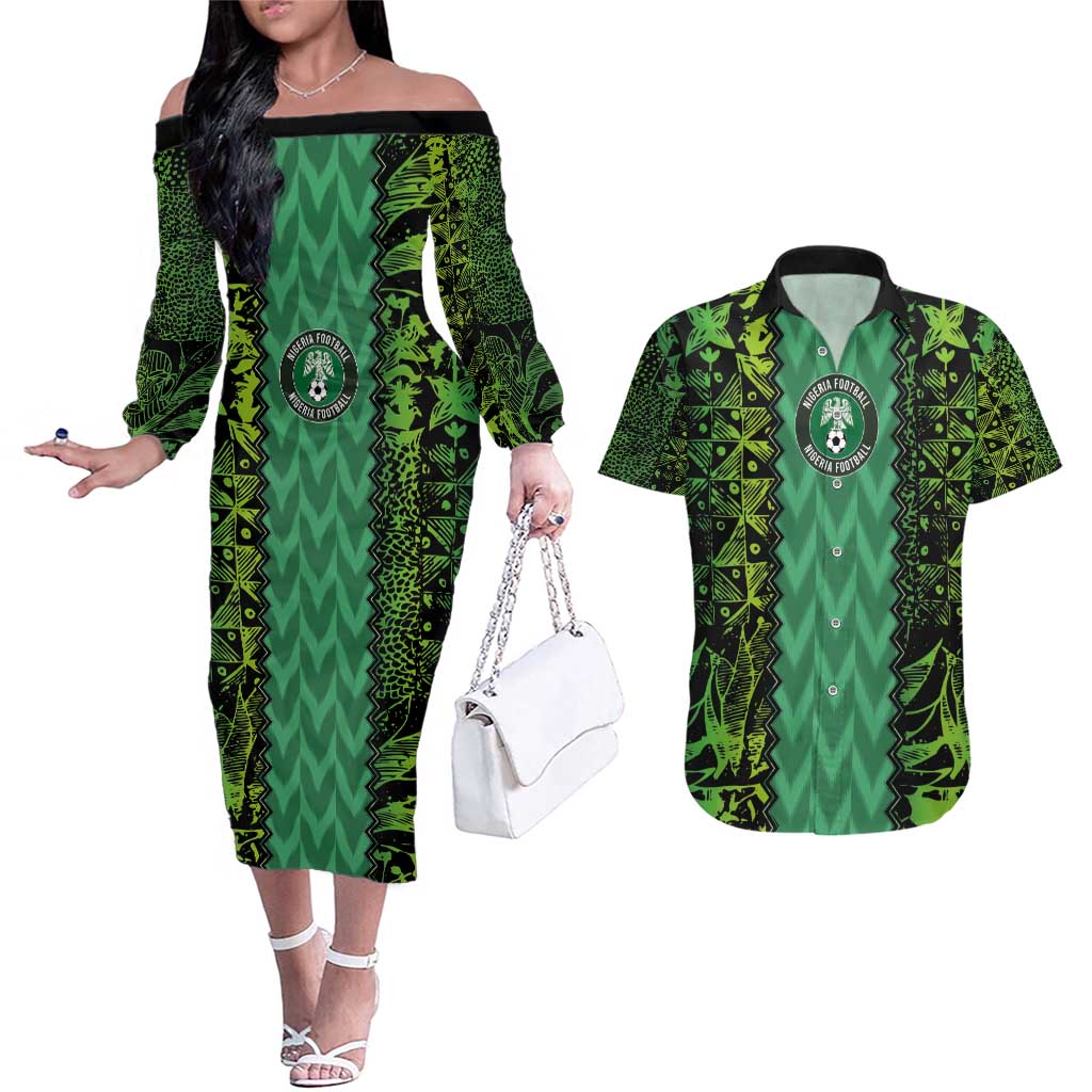 Custom Nigeria Football Champion 2024 Couples Matching Off The Shoulder Long Sleeve Dress and Hawaiian Shirt - Wonder Print Shop