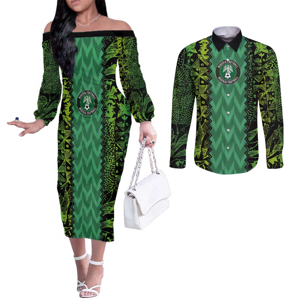 Custom Nigeria Football Champion 2024 Couples Matching Off The Shoulder Long Sleeve Dress and Long Sleeve Button Shirt