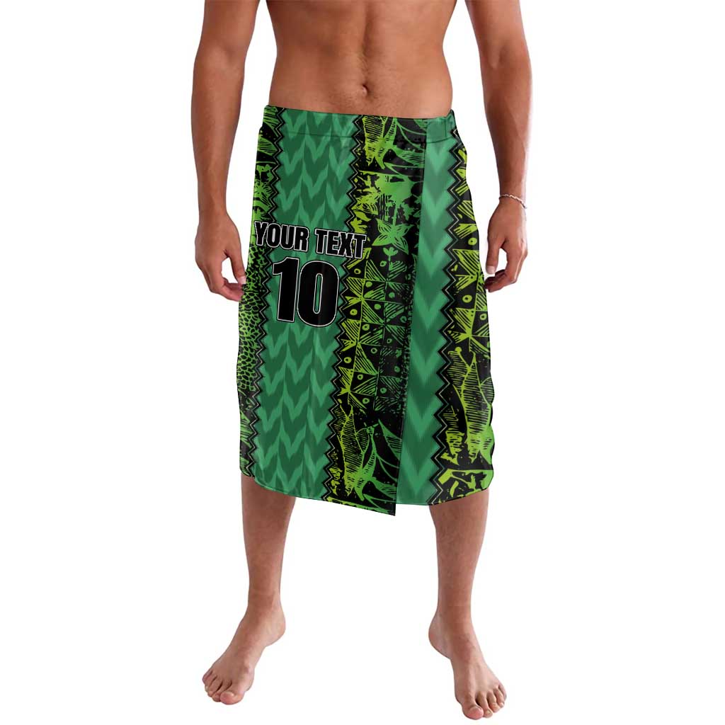 Green patterned lavalava with 'YOUR TEXT' and number 10 graphic, knee-length wrap skirt