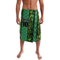 Green patterned lavalava with 'YOUR TEXT' and number 10 graphic, knee-length wrap skirt