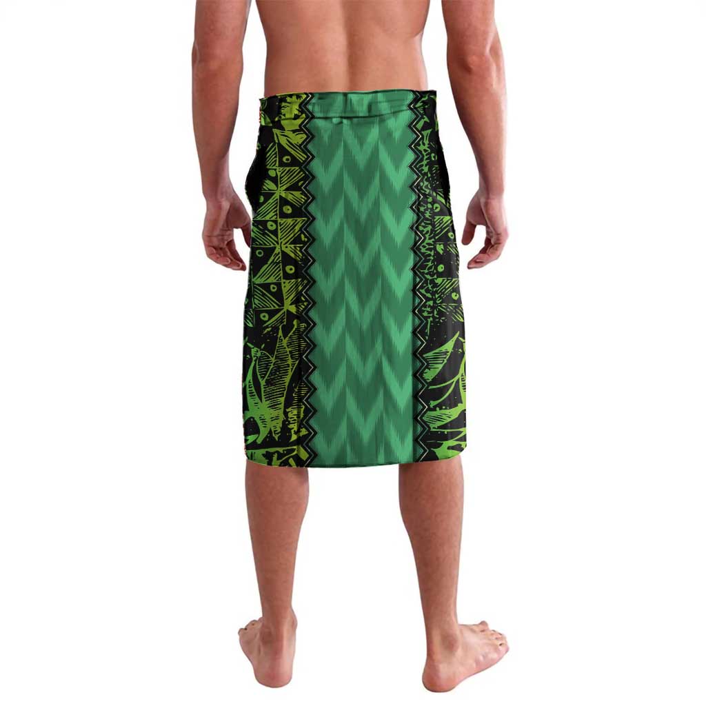 Green patterned lavalava wrap skirt with black graphic border, knee length