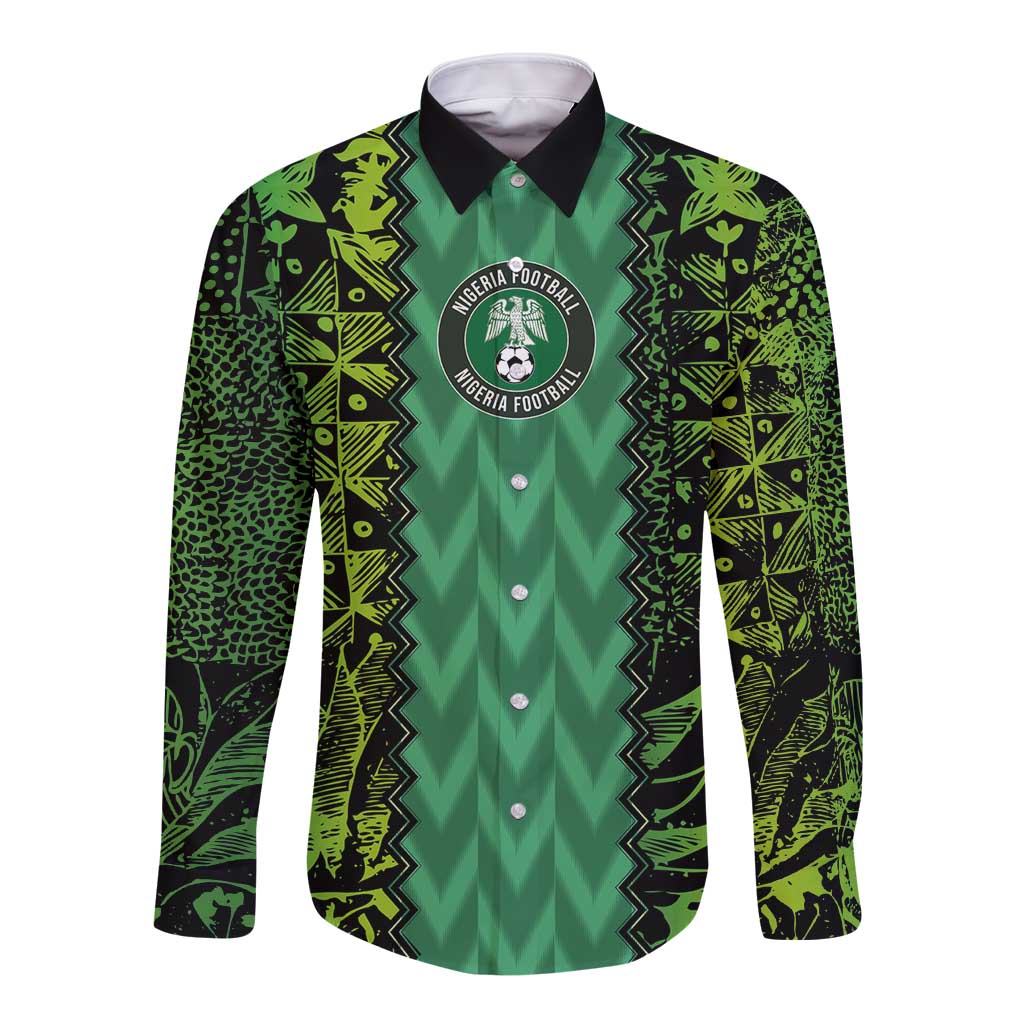 Green long-sleeve button football shirt with Nigeria crest on chest and patterned sleeves