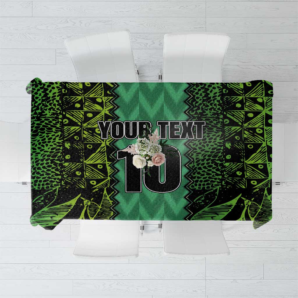 Green football tablecloth with centered “YOUR TEXT 10” design.