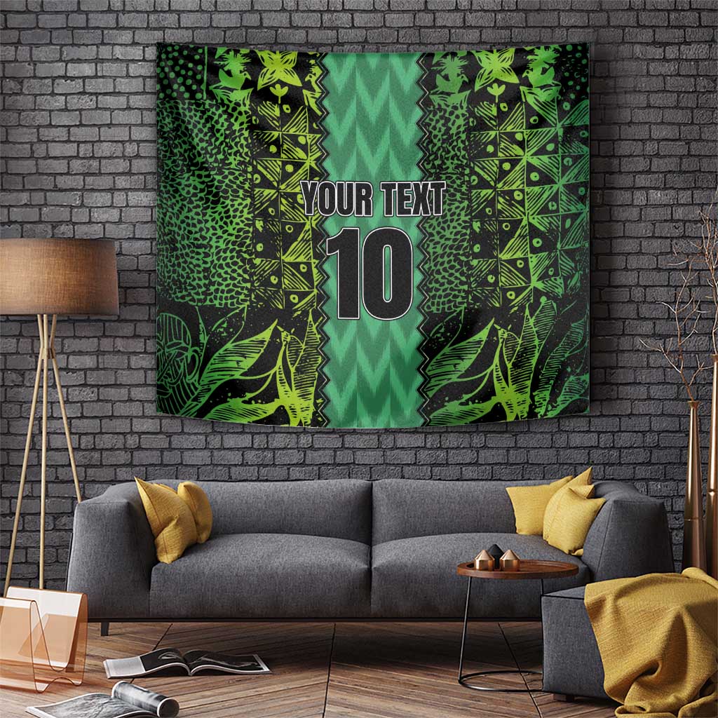 Green wall tapestry with “YOUR TEXT” and oversized “10” over patterned panels